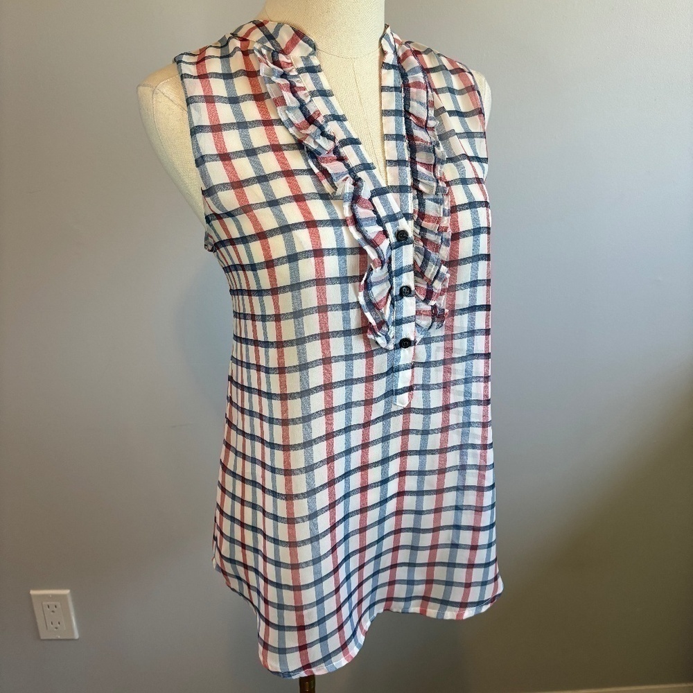 Fun 2 Fun, Women's Sleeveless, Sheer, White, red & Blue, Ruffle Top, SZ L